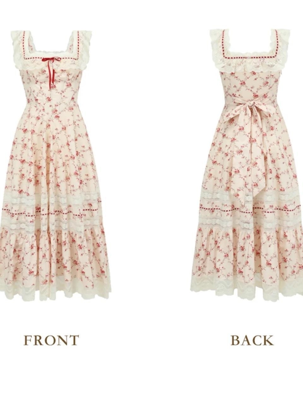 Lacemade Floral Midi Dress with Lace Trim - Cream & Red